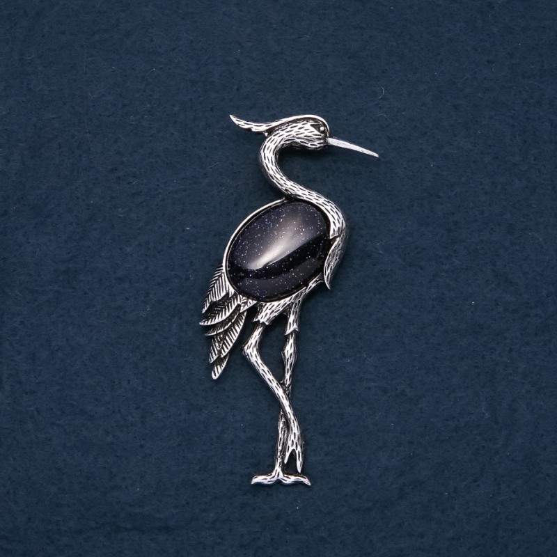 Brooch Pendant Heron with Natural Stone Aventurine Blue Sand Night of Cairo 80x30mm