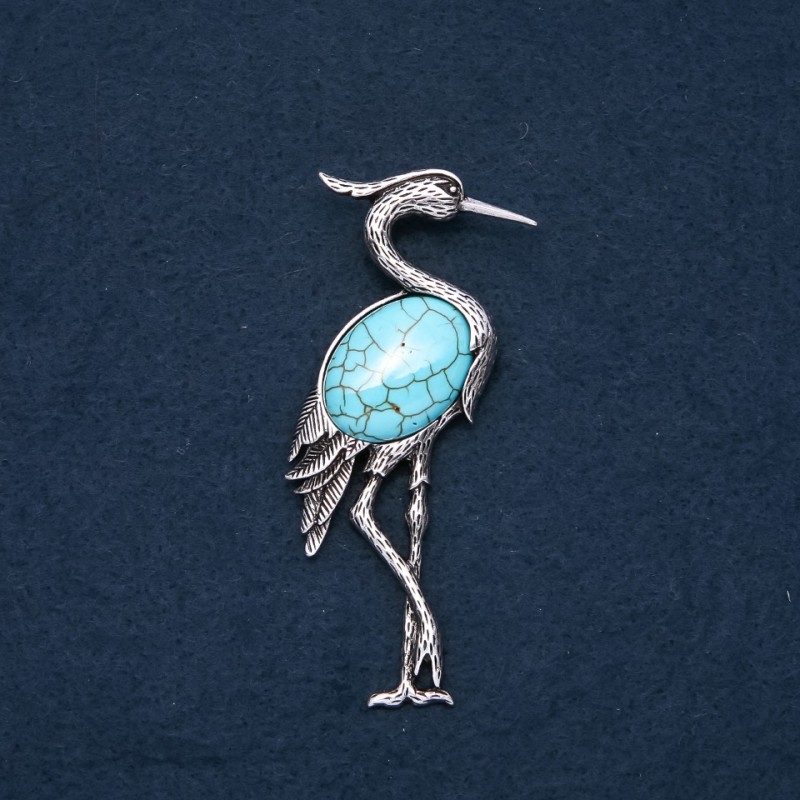 Brooch Pendant Heron with Natural Stone "Turquoise" 80x30mm