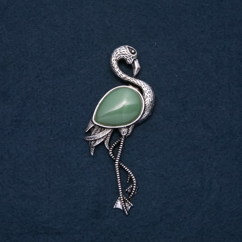 Brooch Pendant Flamingo with Natural Jade 85×30mm