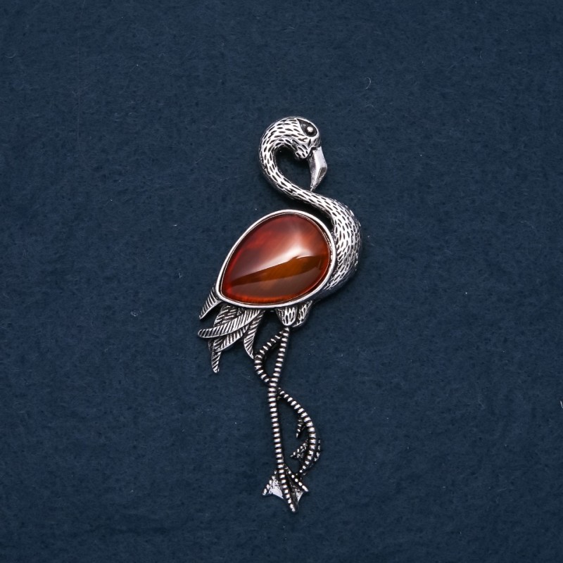Brooch Pendant Flamingo with Carnelian Natural Stone 85x30mm