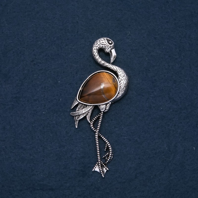 Brooch Pendant Flamingo with Tiger's Eye Stone 85x30mm