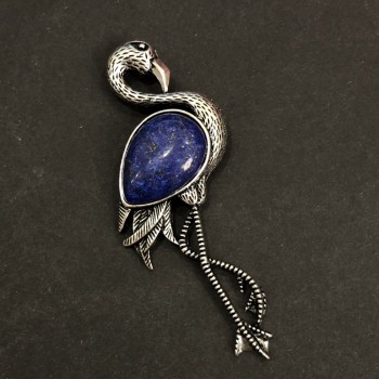 Brooch Pendant Flamingo with Natural Lapis Lazuli 85x30mm