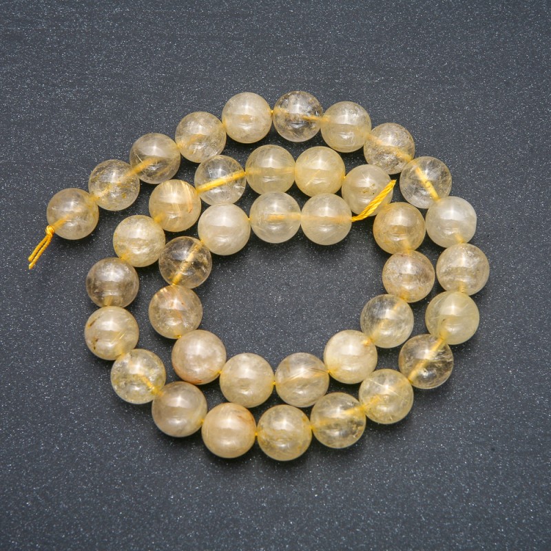Rutilated Quartz Beads on a Thread, Hairy Rutilated Quartz Ball Beads 10mm Ø, length 39cm ±