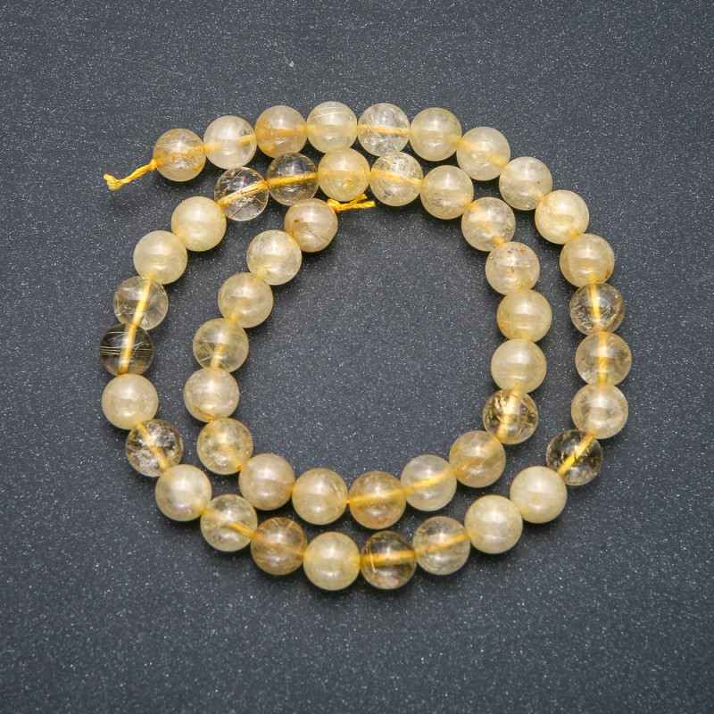 Rutilated Quartz Beads on Thread, Hairy Quartz, Smooth Round Bead, 8mm diameter ±, length 39cm ±