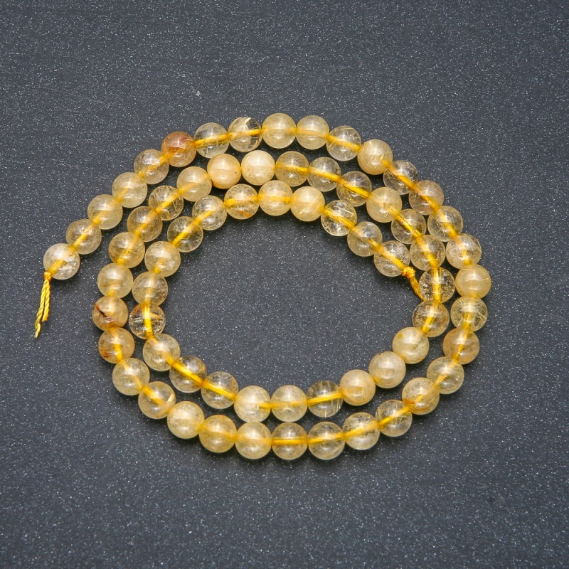 Rutilated Quartz Beads on a Thread, hair-like rutile inclusions, smooth round beads, diameter 6mm ±, length 39cm ±