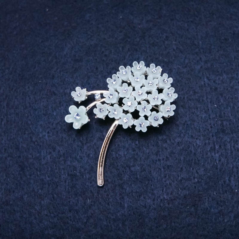 Brooch Flower 52x40mm crystals blue color silver metal
