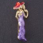 Brooch "Lady with a Glass" red and lilac enamel with metallic finish, metal color "gold", theme series 5x2 cm