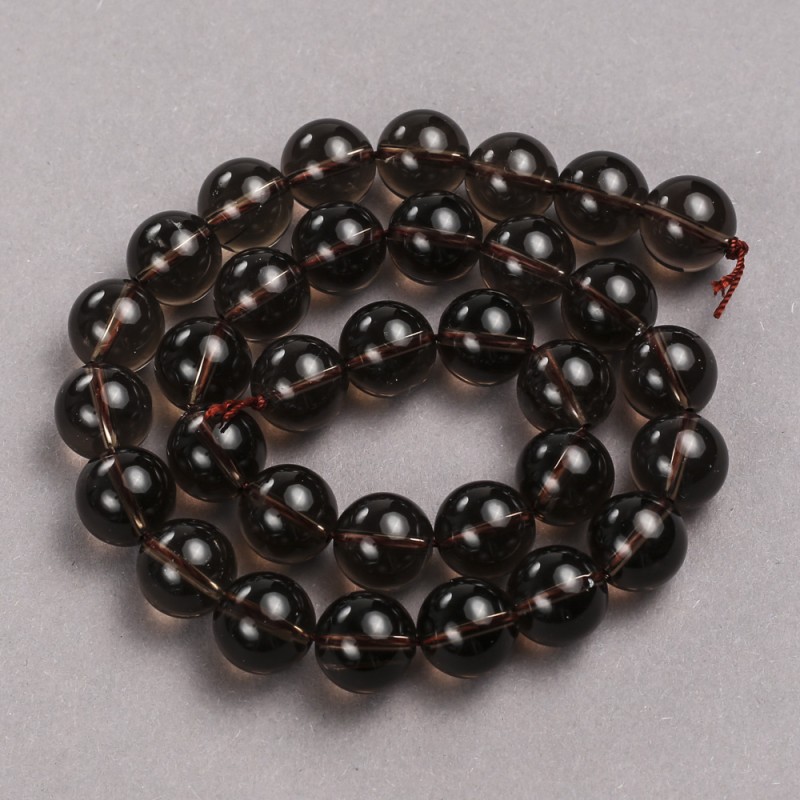 Beads on thread of natural gemstone Smoky topaz, smooth round bead 12mm diam., length 40cm ±