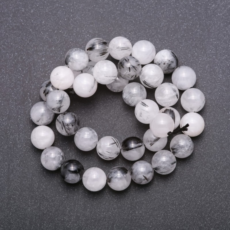 Rutilated Quartz Beads "Hairy" black on thread smooth round bead, diameter 10 (+ -) mm, thread length 39cm