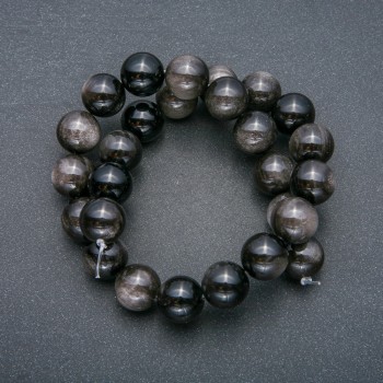 Beads on a String Natural Stone Silver Obsidian Smooth Bead Sphere, diameter 14mm + -, length 39cm +
