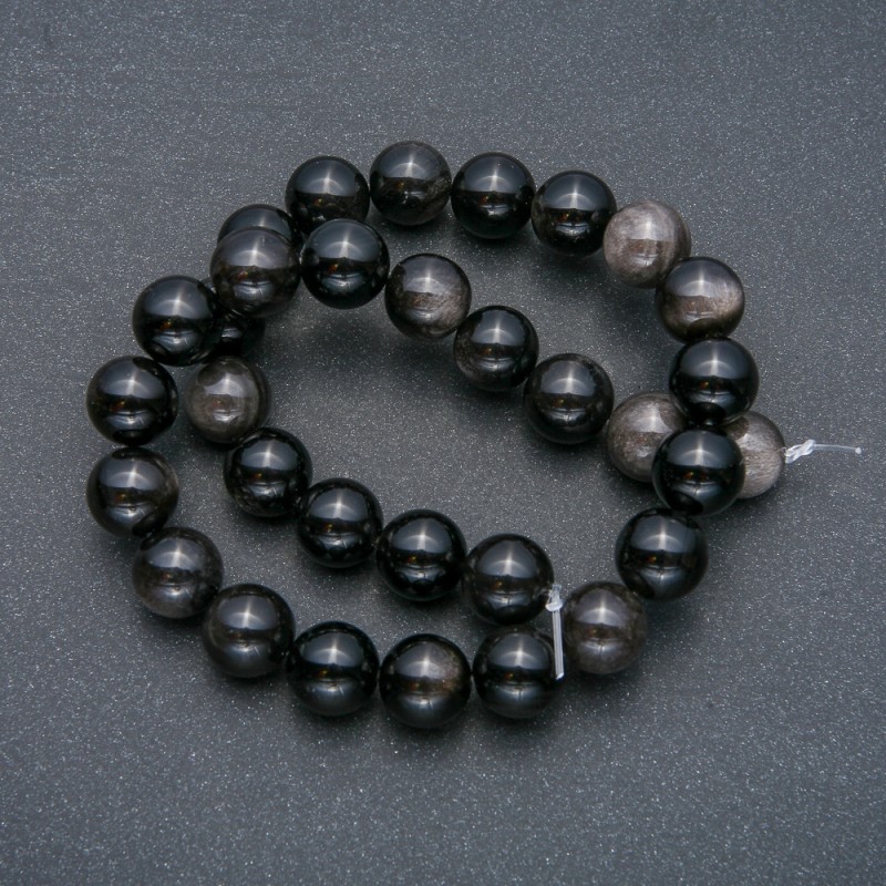 Beads on Thread Silver Obsidian Beads, smooth round, 12mm diameter + -, length 39cm +