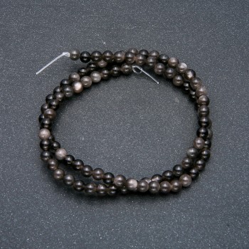 Beads on Thread Silver Obsidian 4mm Smooth Round Beads, 39cm Length + -