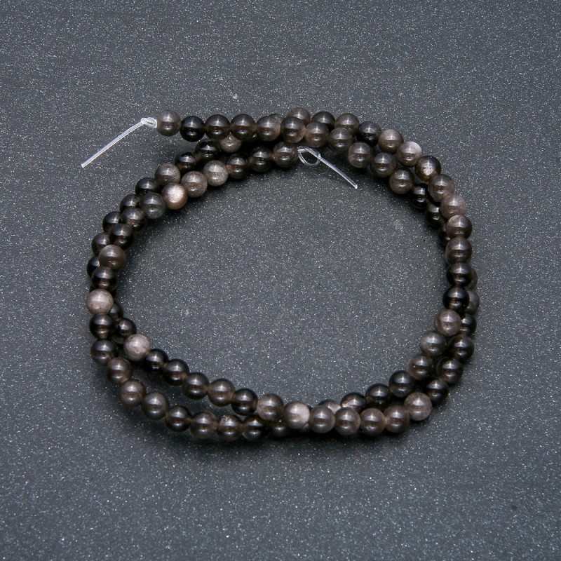 Beads on Thread Silver Obsidian 4mm Smooth Round Beads, 39cm Length + -