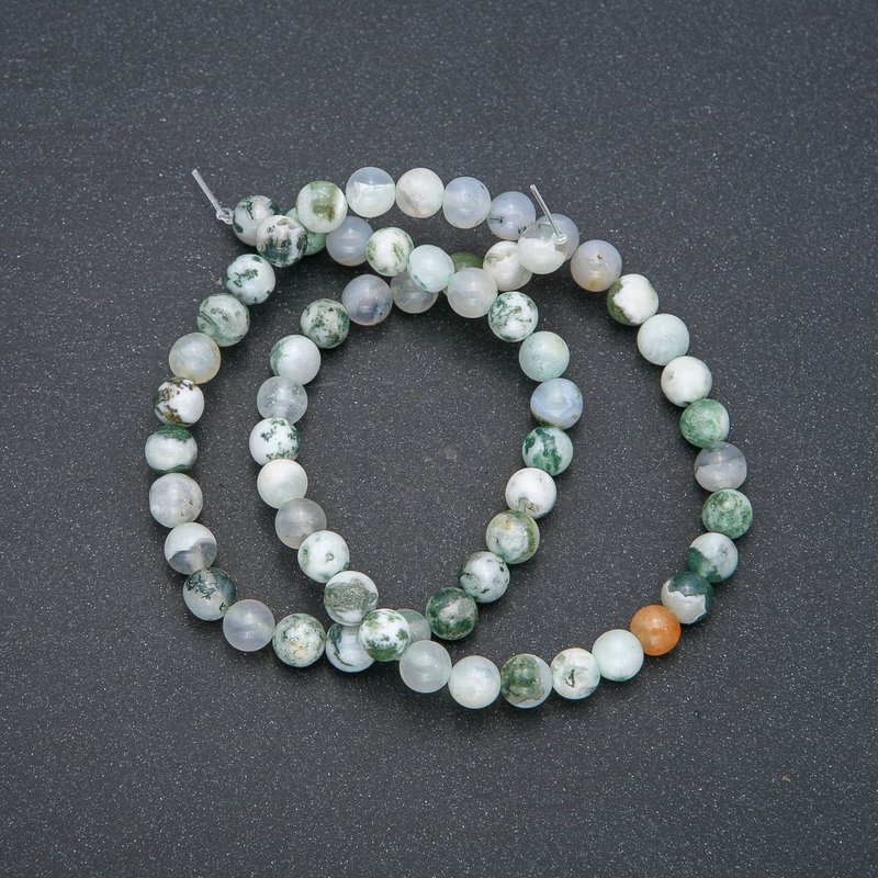 Natural Stone Beads Moss Agate on Thread Smooth Sphere, diameter 6.5 mm, length 38 cm