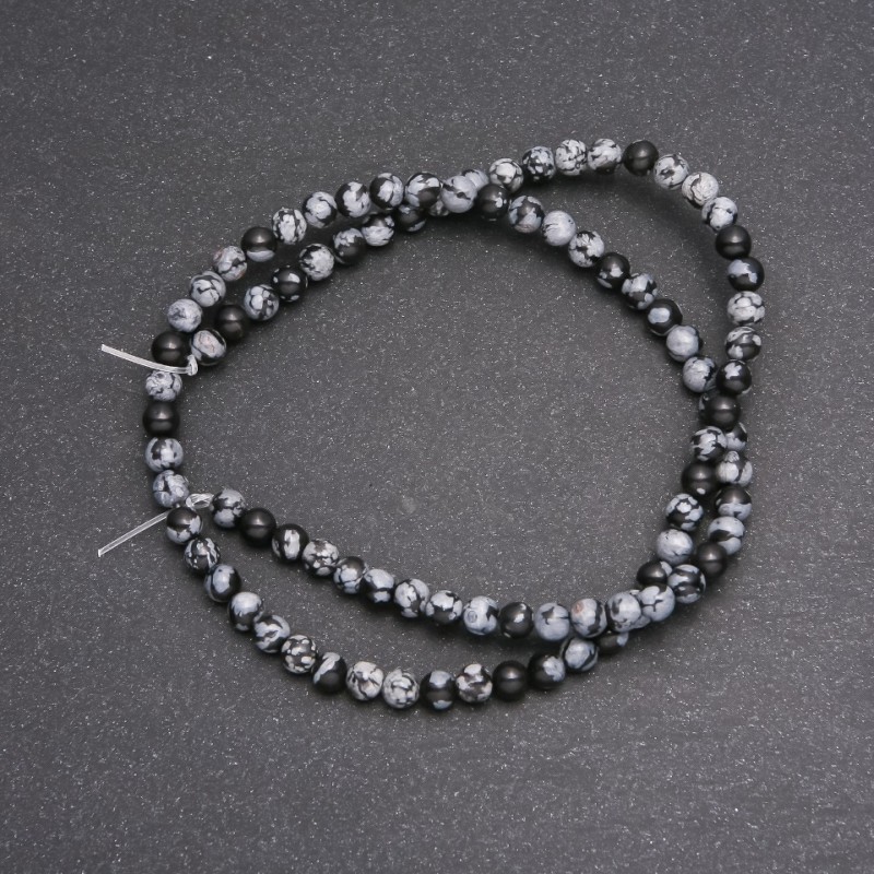 Snow Obsidian Beads on Thread - Apache Tears, Smooth Round, 4 mm dia. (±) x 38 cm length