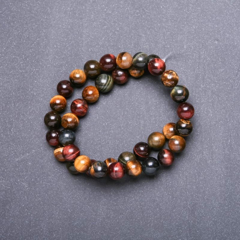 Natural Stone Beads Tiger's Eye, Bull's Eye, Hawk's Eye on Thread, 10mm Diameter, 38cm Length