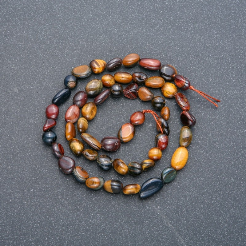 Beads on Thread from Natural Stones Tiger's Eye, Falcon's Eye, Bull's Eye, round drilled 8x6 mm, length 40 cm +