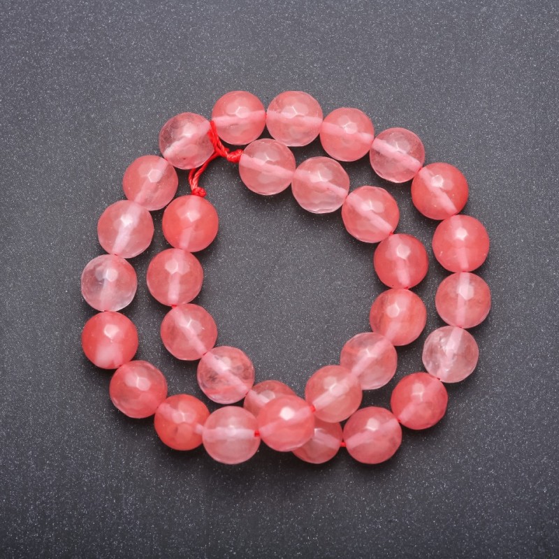 Natural Chalcedony Beads on Thread Pink Faceted Round Beads, diameter 12 mm (+ -), length 37 cm