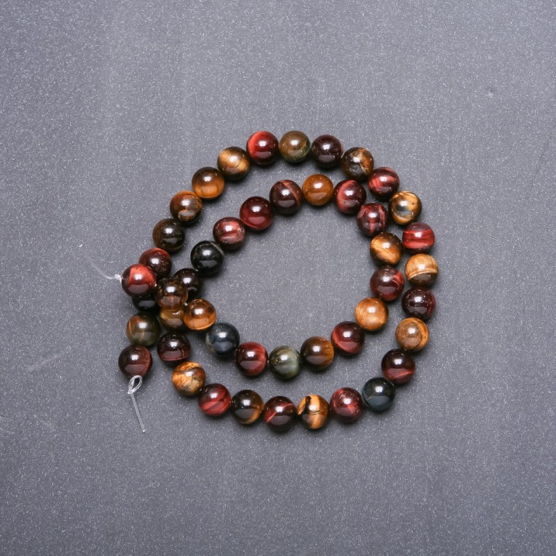 Natural Stone Beads Tiger's Eye, Bull's Eye, Falcon’s Eye on a Thread, 8mm Diameter, 38cm Length