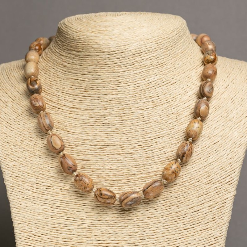 Necklace of Landscape Jasper Natural Stone "Barrel" 10x14-15 mm diameter, length 48 in
