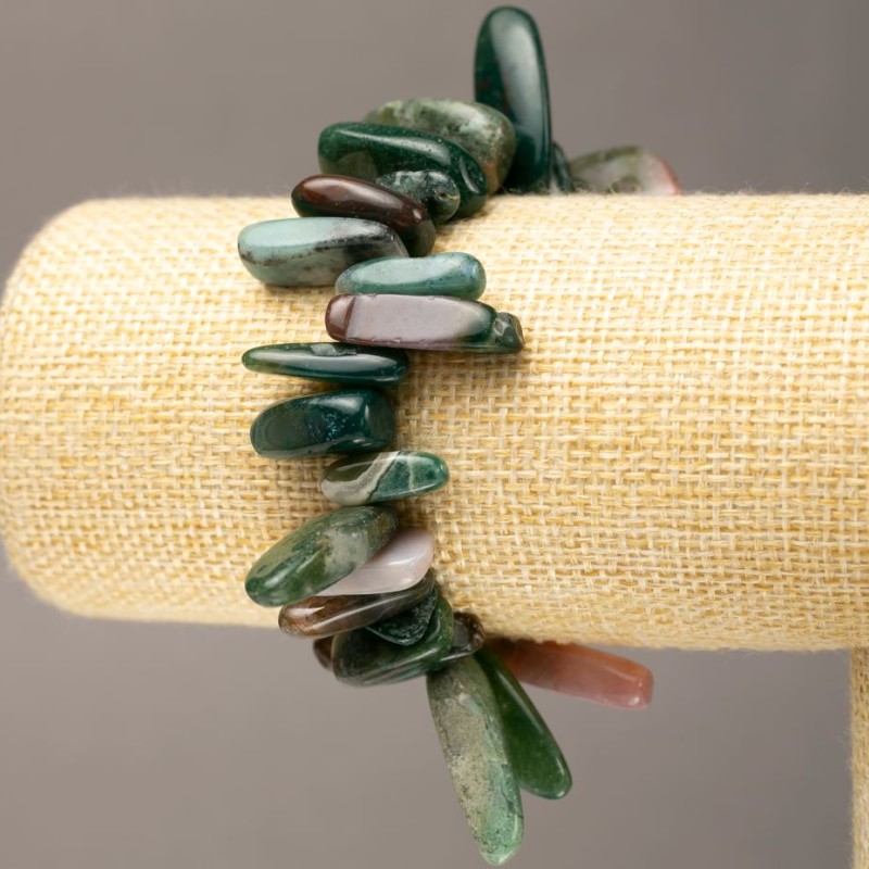 Elastic Bracelet with Natural Stone Green Jasper Nuggets "Needle", 12-23x5-9mm diameter, length 18cm +