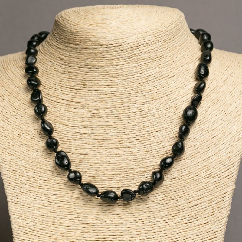 Necklace of Natural Stone Black Agate, cabochon cut, diameter 7-10x9-13mm, length 47-49+ cm