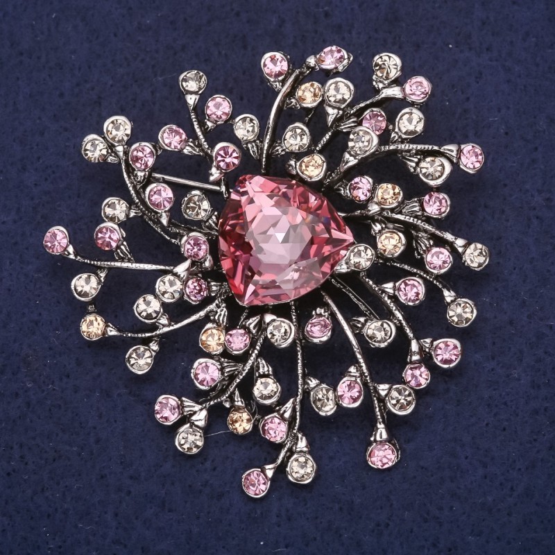 Brooch large Accent with Rhinestones and Purple Gray Stone 56×58 mm Silver Metal