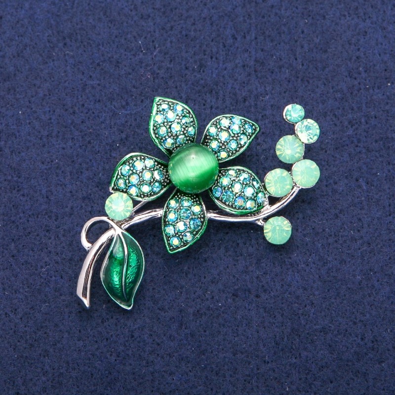 Brooch Flower with Green Cat's Eye and Crystals 36x56mm