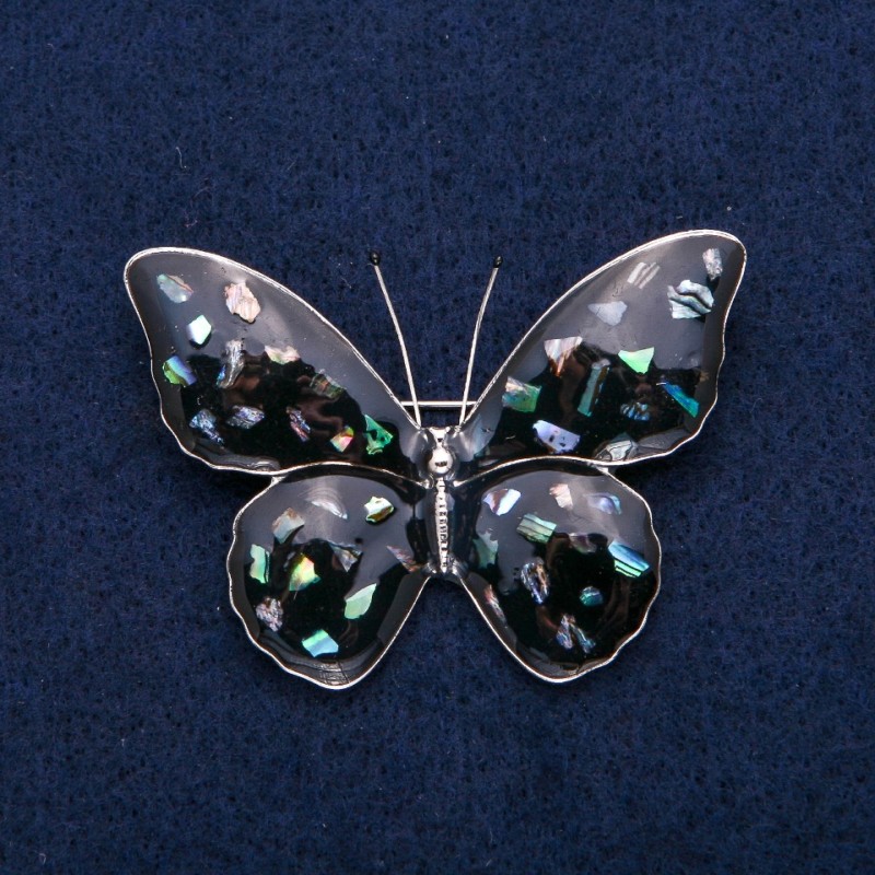 Brooch Butterfly with chalcedony and black enamel, silver-toned metal 40x55mm