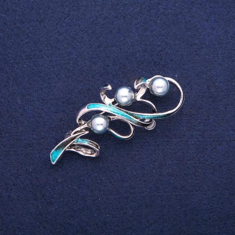 Brooch Branch with Majorca Pearls and Blue Enamel, Silver Metal 24x60mm