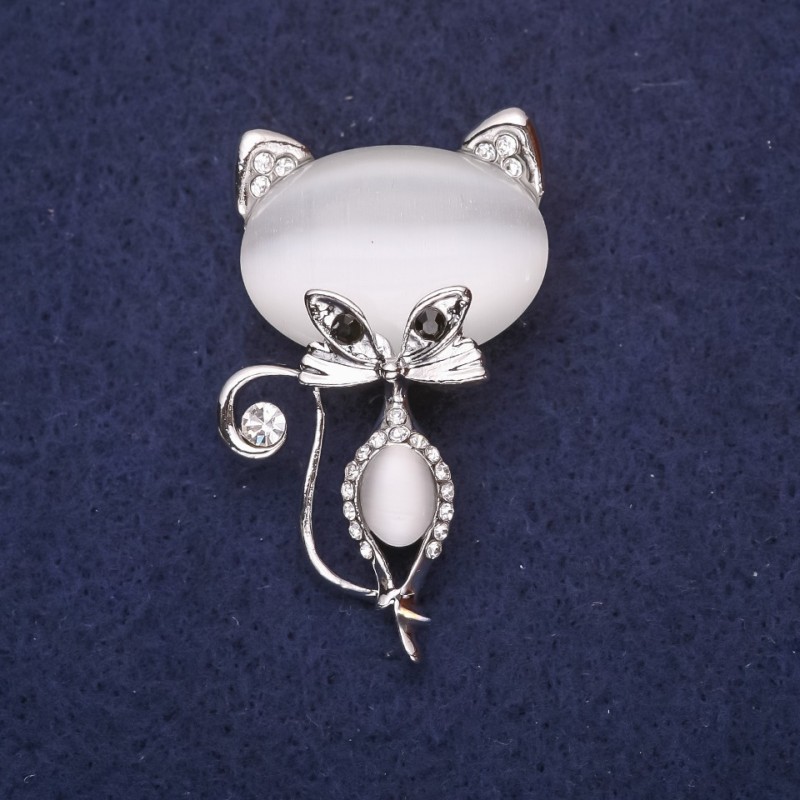 Brooch Cat with Stone White Cat's Eye 45x26mm Silver Metal