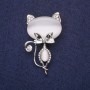 Brooch Cat with Stone White Cat's Eye 45x26mm Silver Metal