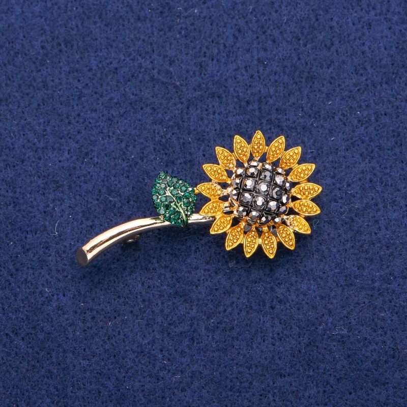 Brooch Pendant Sunflower Flower 24x48mm with rhinestones and enamel, metallic gold tone