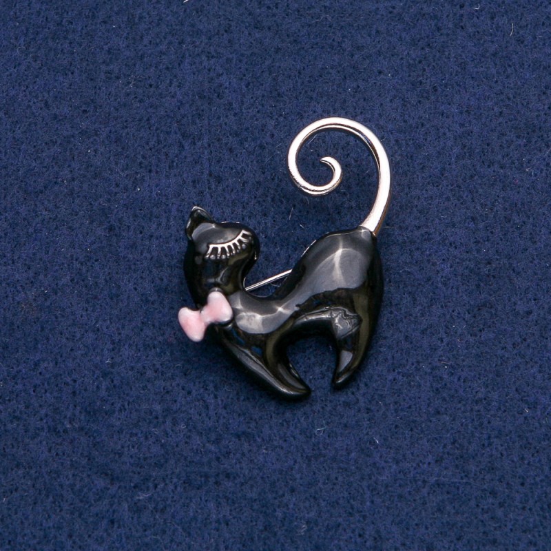 Brooch Cat with Pink Bow, Black Enamel, Silver Metal 39x37mm +