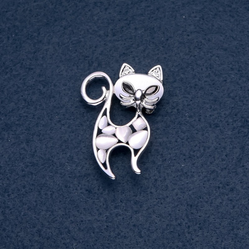 Brooch "Kitten" white Cat's Eye gemstone color metal "silver" 30x45mm