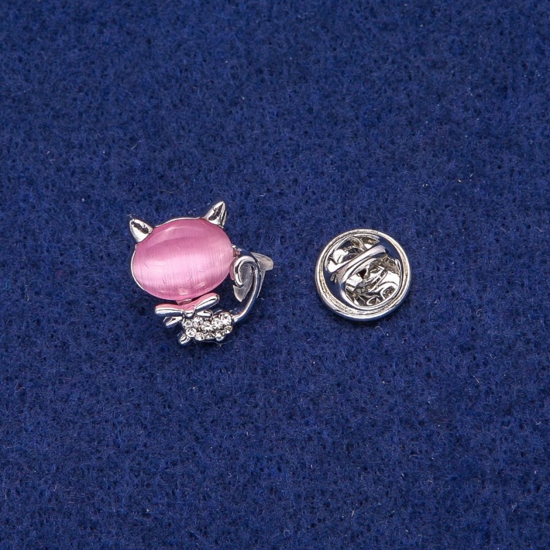 Brooch Cat with Cabochon Cat's Eye and Stones 16x17mm, Silver Metal