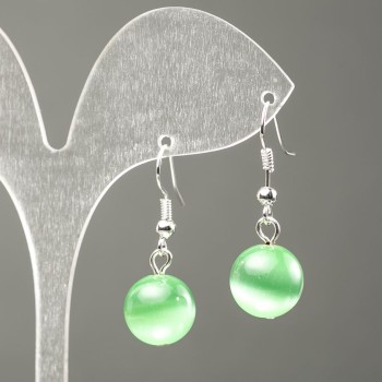 Earrings with natural stone Cat's Eye green, diameter 10mm+-, length 31mm+-