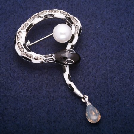 Brooch Snake Enamel with Beadwork and Gray Crystals, Silver-tone Metal 37x53mm