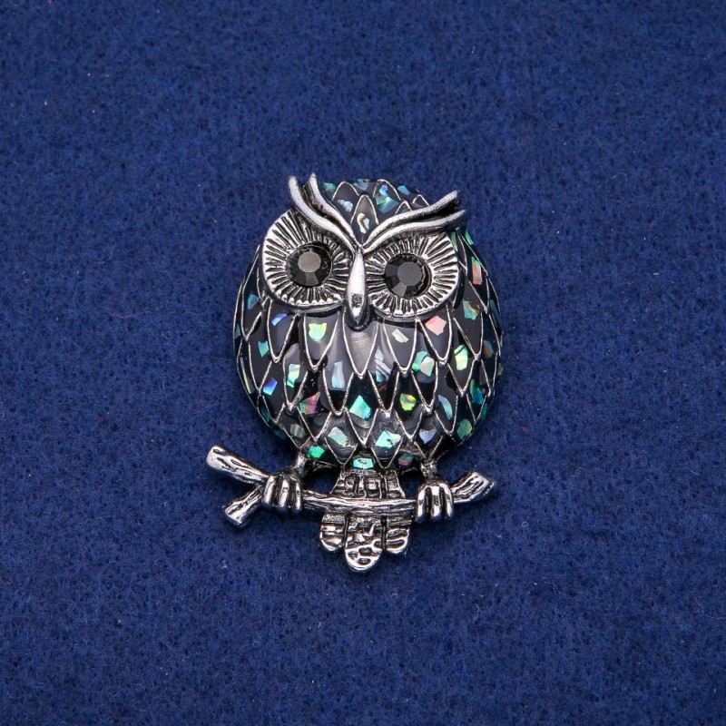 Brooch Owl with Mother-of-P Pearl Halite and Enamel 36x48mm, Silver Metal