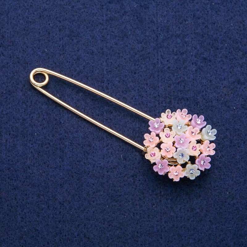 Brooch-Pin Hydrangea multicolor with crystals 29x78 mm, golden metal