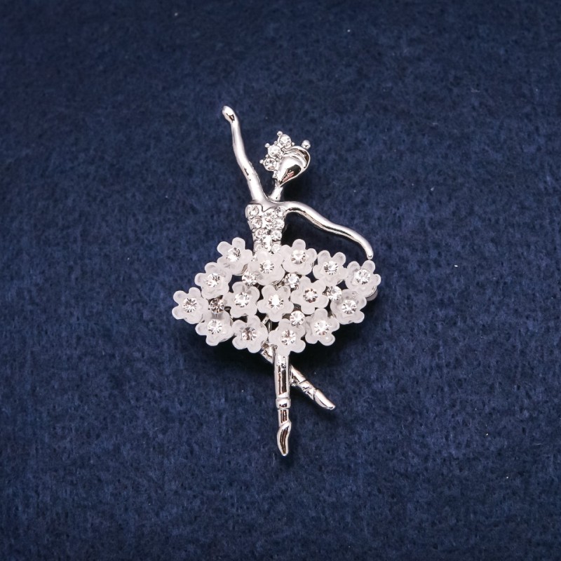 Brooch 'Ballerina' 34x55mm with crystals, silver-tone metal