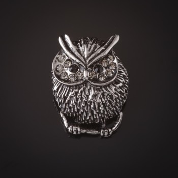 Brooch Owl with silver-white rhinestones 3.5 cm