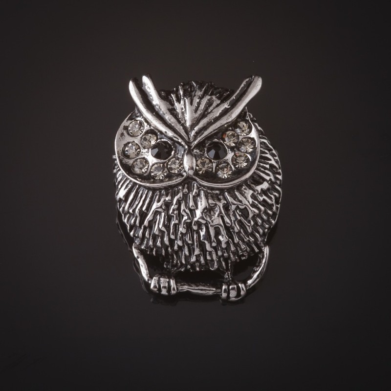 Brooch Owl with silver-white rhinestones 3.5 cm