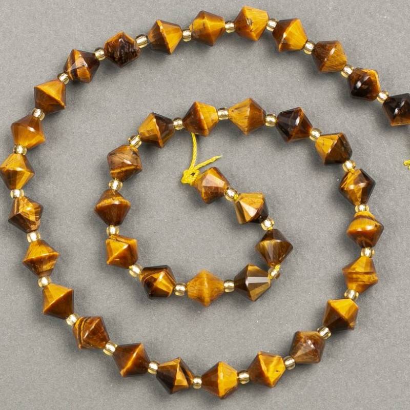 Tiger's Eye Beads on Thread, Natural Stone, Faceted Diamond-Shaped 8x8mm, Thread Length 38cm ± (Bead Insert 3x3mm)