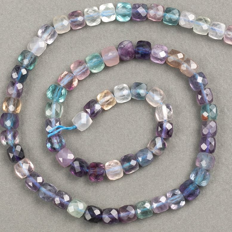 Fluorite Beads on Thread, Faceted Cube Shape, 6x6 mm, 40 cm Length