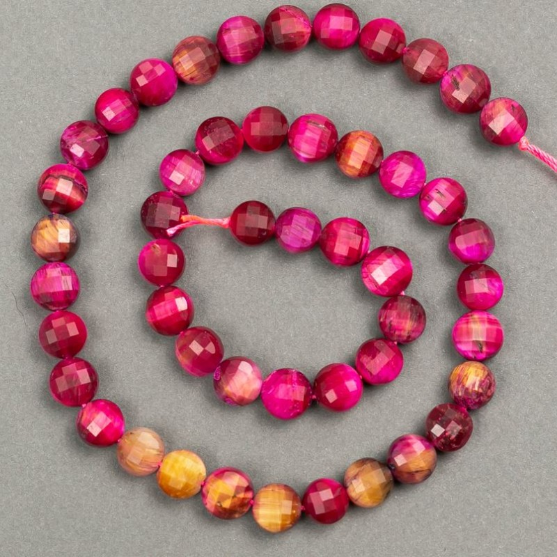 Tiger's Eye Bead strand toned faceted coin 8x6mm, malina color, length 39cm +