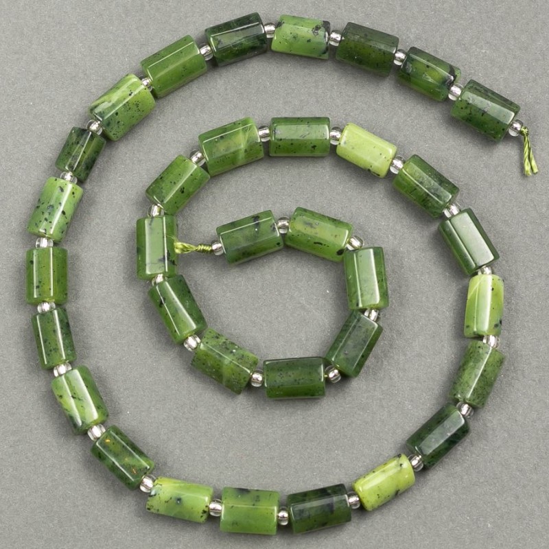 Jadeite Beads on Thread, natural jadeite, faceted cut 10x6-7mm, length 40cm± (with 3x2mm seed beads)
