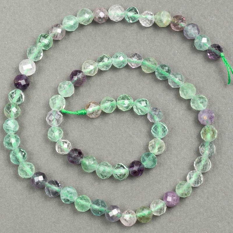 Natural Fluorite Beads on a Thread, Faceted, 6 mm, 39 cm length +