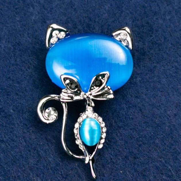 Brooch Cat Cat's Eye Blue with White Rhinestones 45x28mm Silver Metal