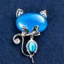 Brooch Cat Cat's Eye Blue with White Rhinestones 45x28mm Silver Metal